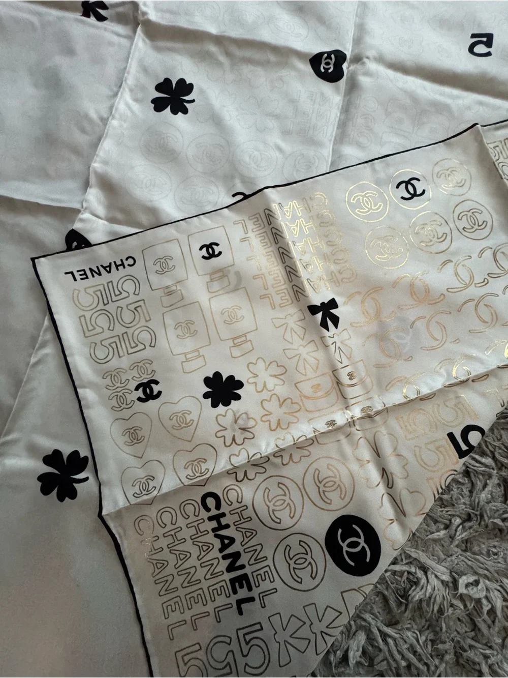 CHANEL Ivory Silk Logo & Motif Scarf with Black Accents